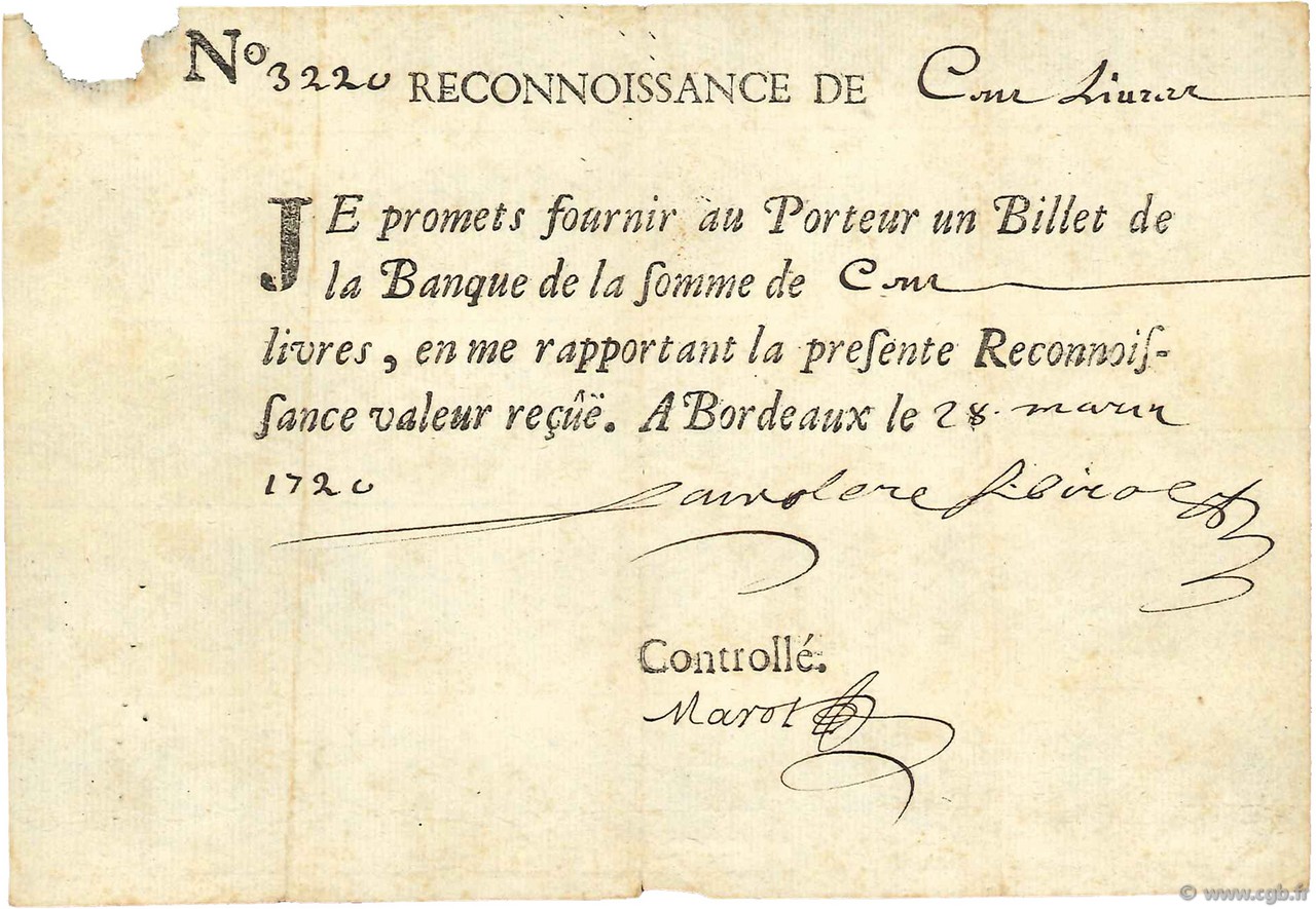100 Livres Tournois typographié FRANCE  1720 Dor.- VF