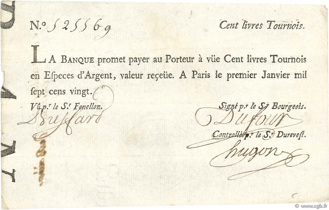 100 Livres Tournois typographié FRANCIA  1720 Dor.26 SPL