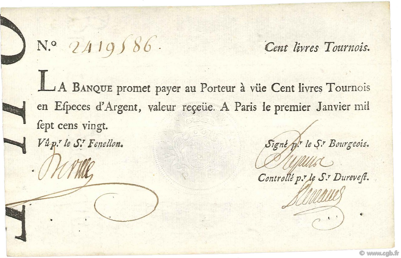 100 Livres Tournois typographié FRANCE  1720 Dor.26 XF-
