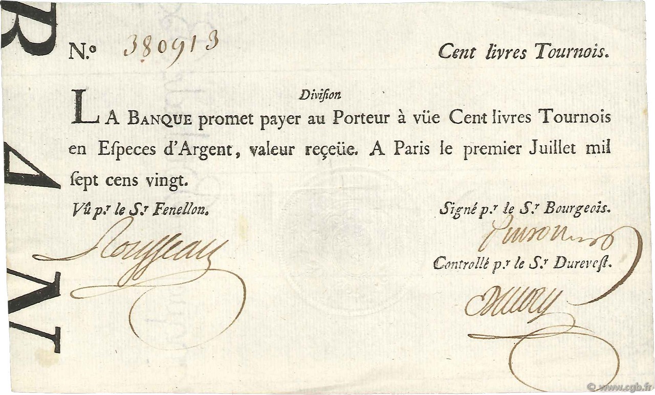 100 Livres Tournois typographié FRANCIA  1720 Dor.27 EBC