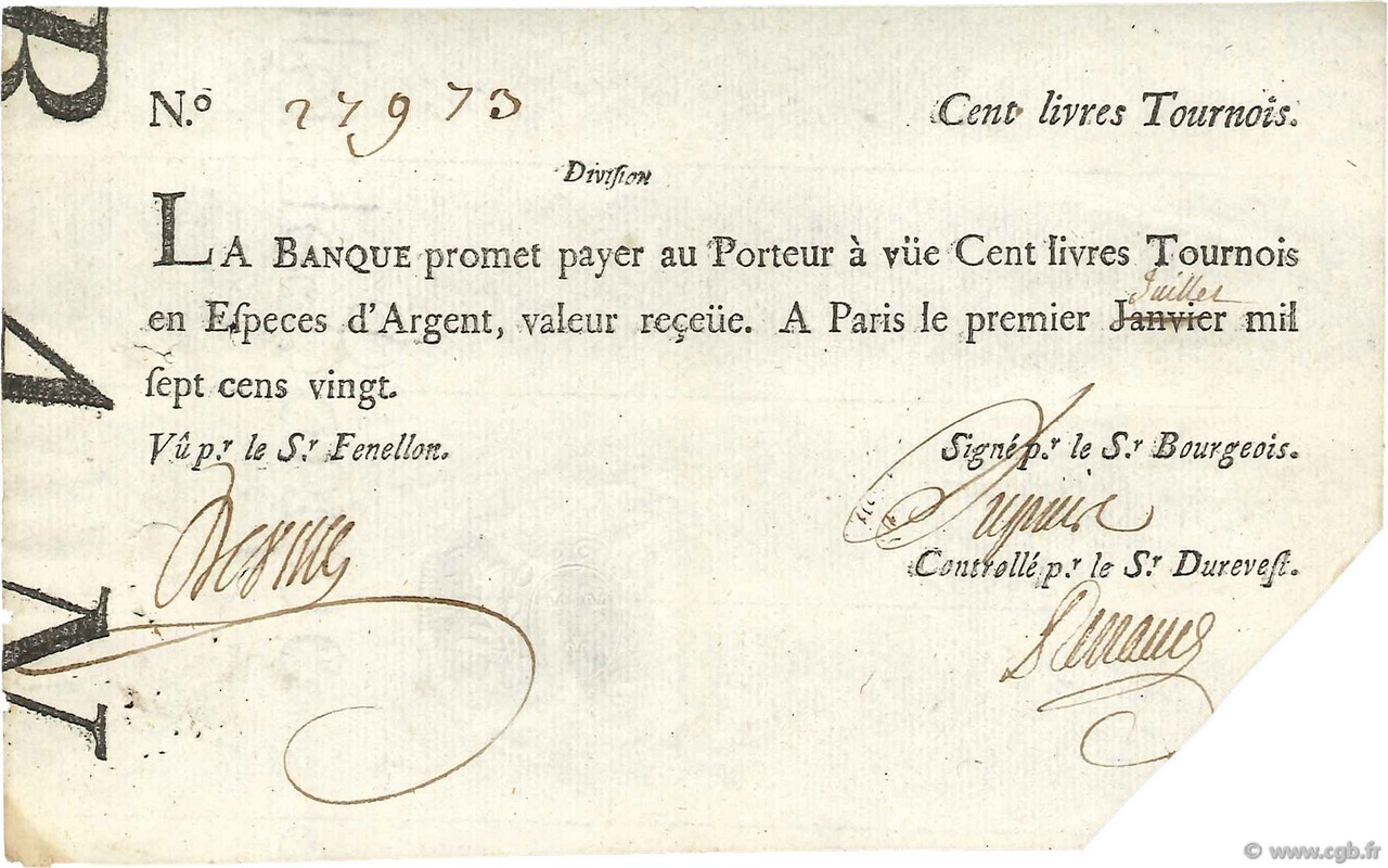 100 Livres Tournois typographié FRANCIA  1720 Dor.27a MBC