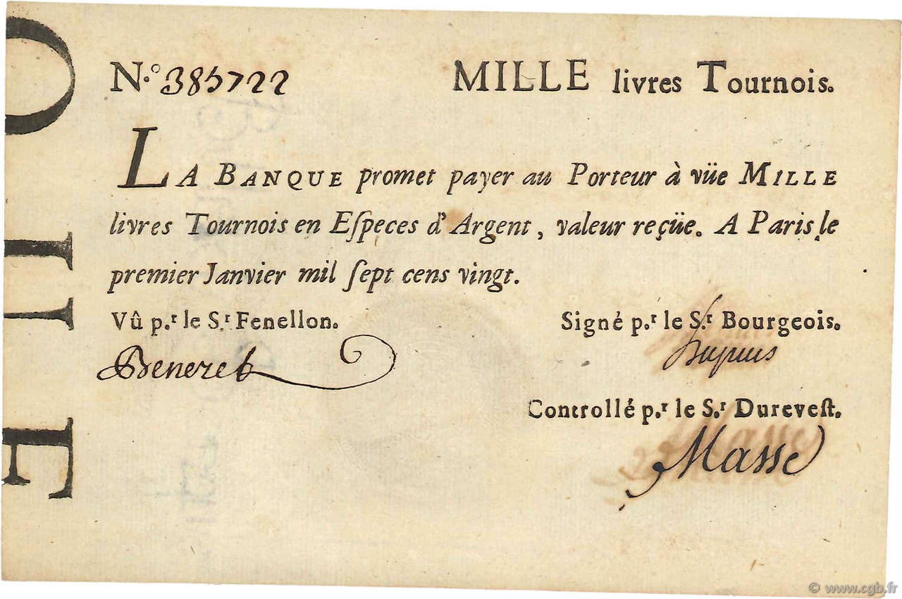 1000 Livres Tournois typographié FRANCIA  1720 Dor.29x EBC