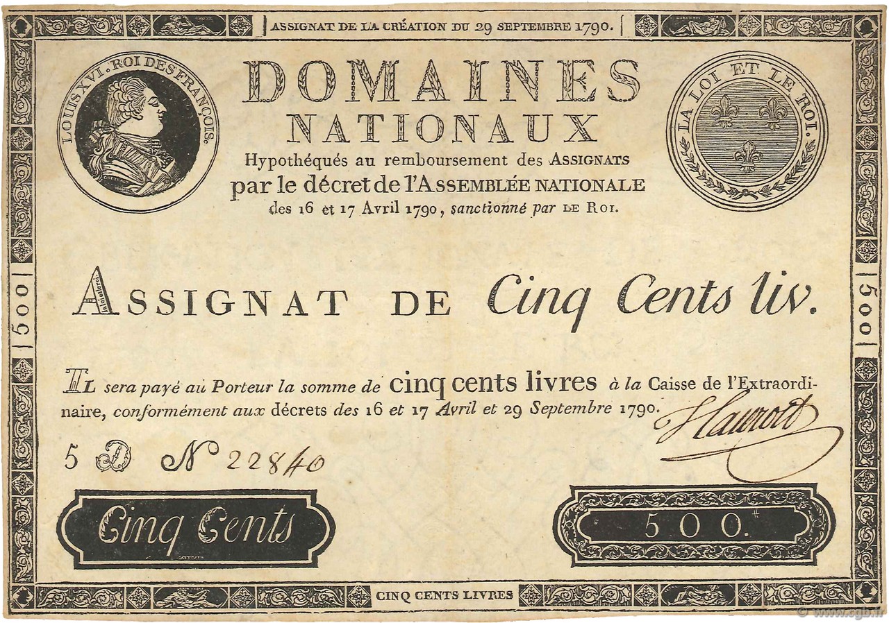 500 Livres FRANCE  1790 Ass.10b VF