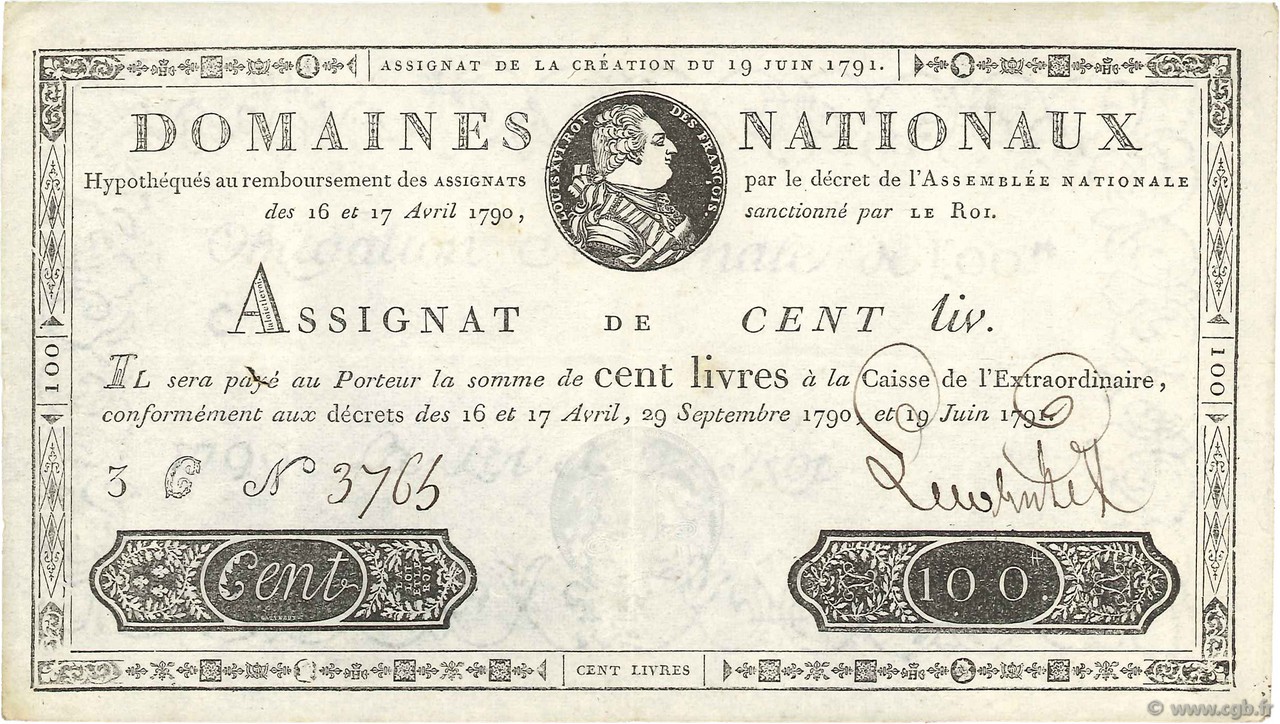 100 Livres FRANCE  1791 Ass.15a XF