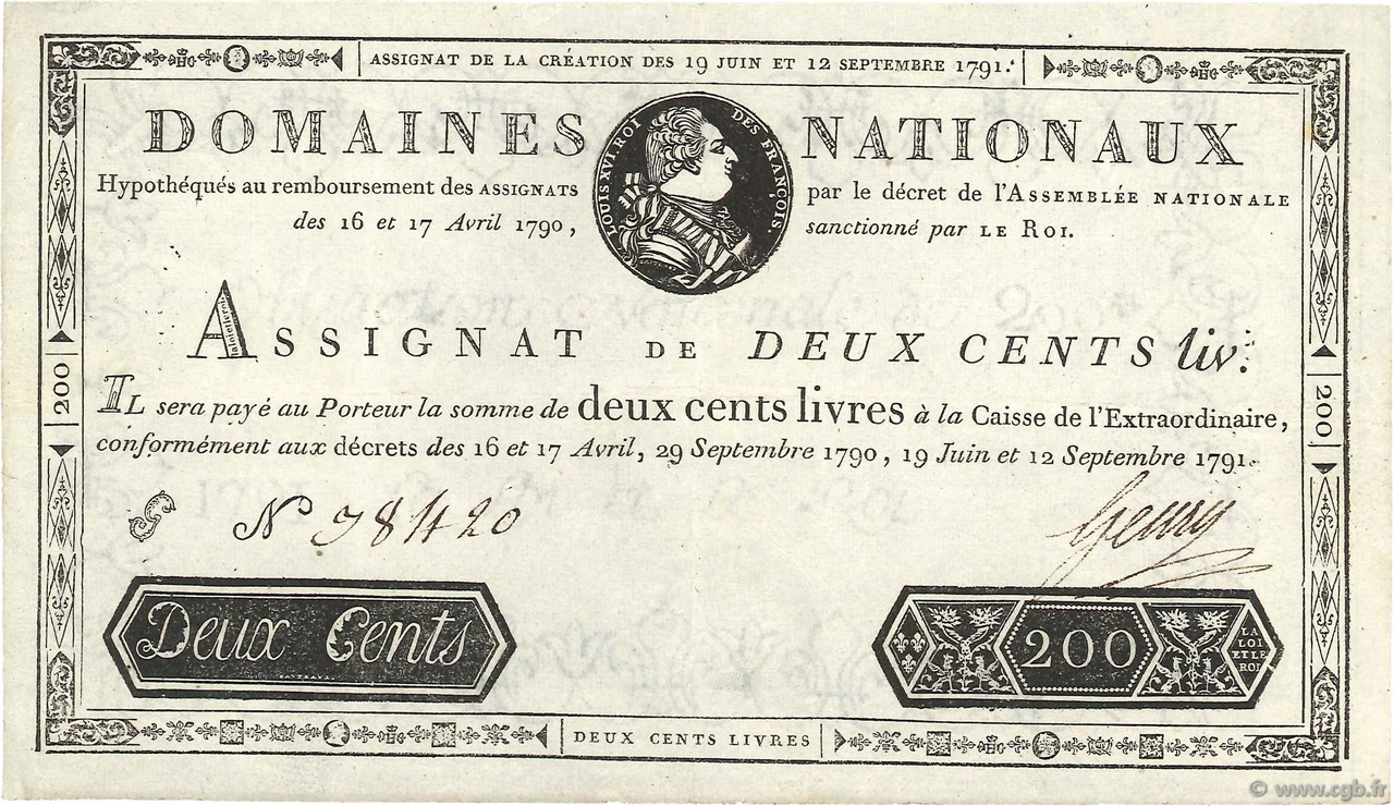 200 Livres FRANCIA  1791 Ass.17a BB