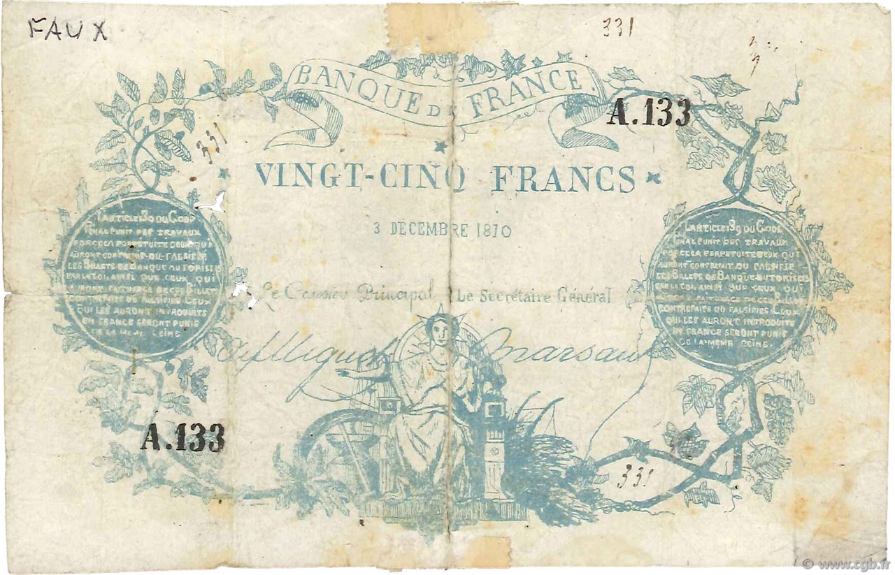 25 Francs type 1870 Clermont-Ferrand FRANCE  1870 F.A44.01 G
