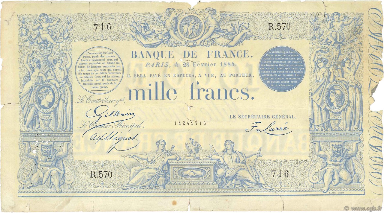 1000 Francs type 1862 Indices Noirs modifié FRANCE  1884 F.A50.03 VG