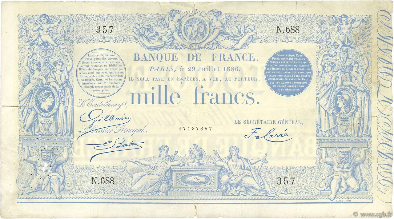 1000 Francs type 1862 Indices Noirs modifié FRANCIA  1886 F.A50.05 q.BB