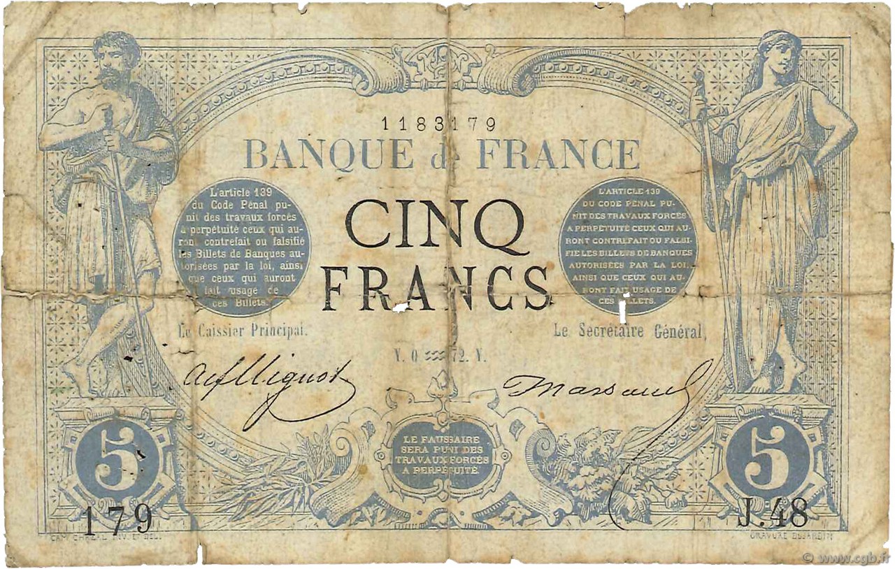 5 Francs NOIR FRANCE  1872 F.01.02 G