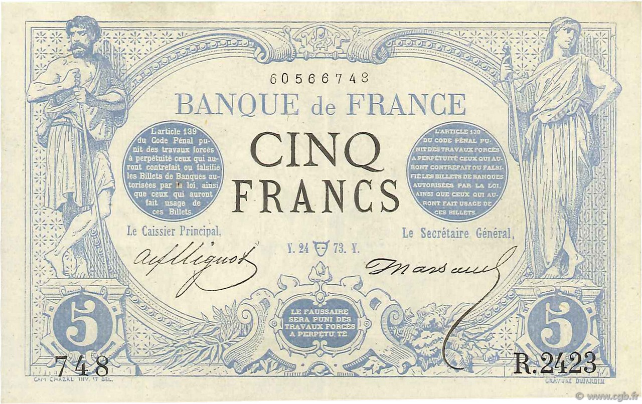 5 Francs NOIR FRANCIA  1873 F.01.17 SPL+