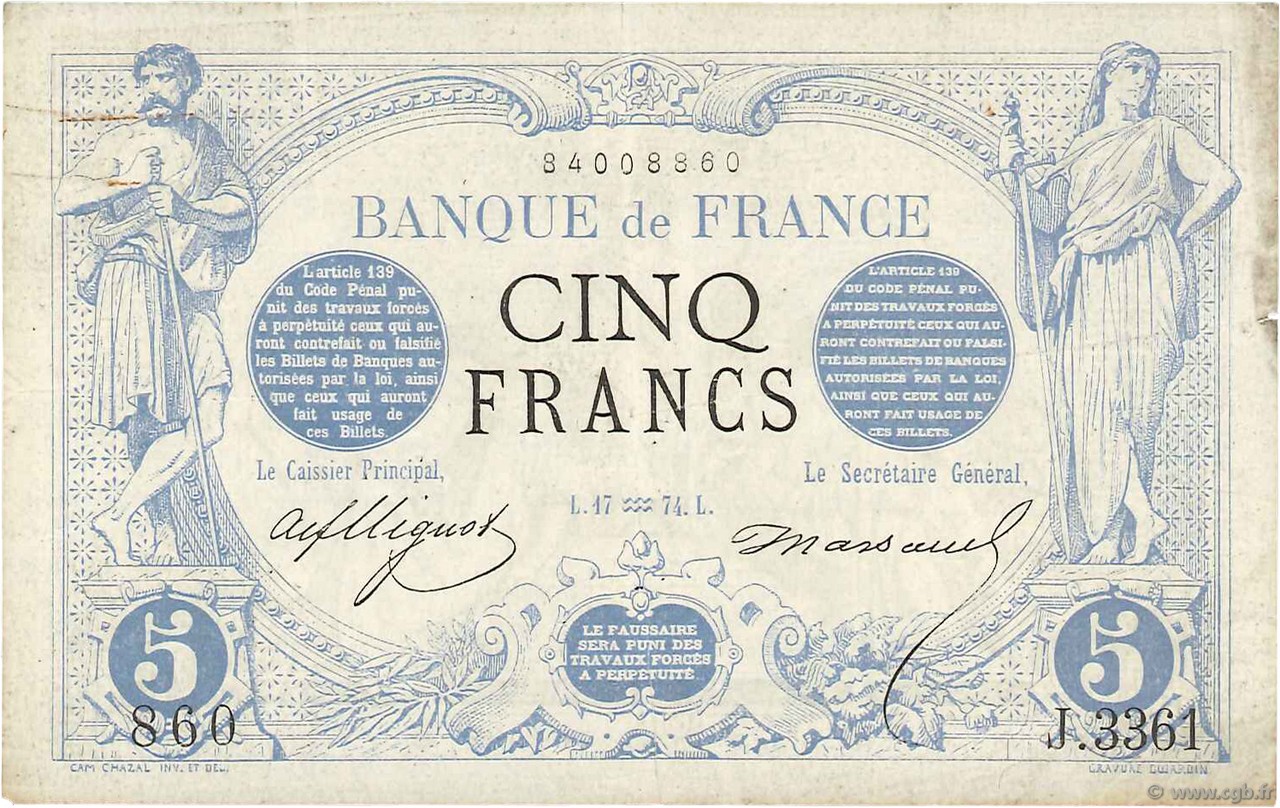 5 Francs NOIR FRANCIA  1874 F.01.25 BB