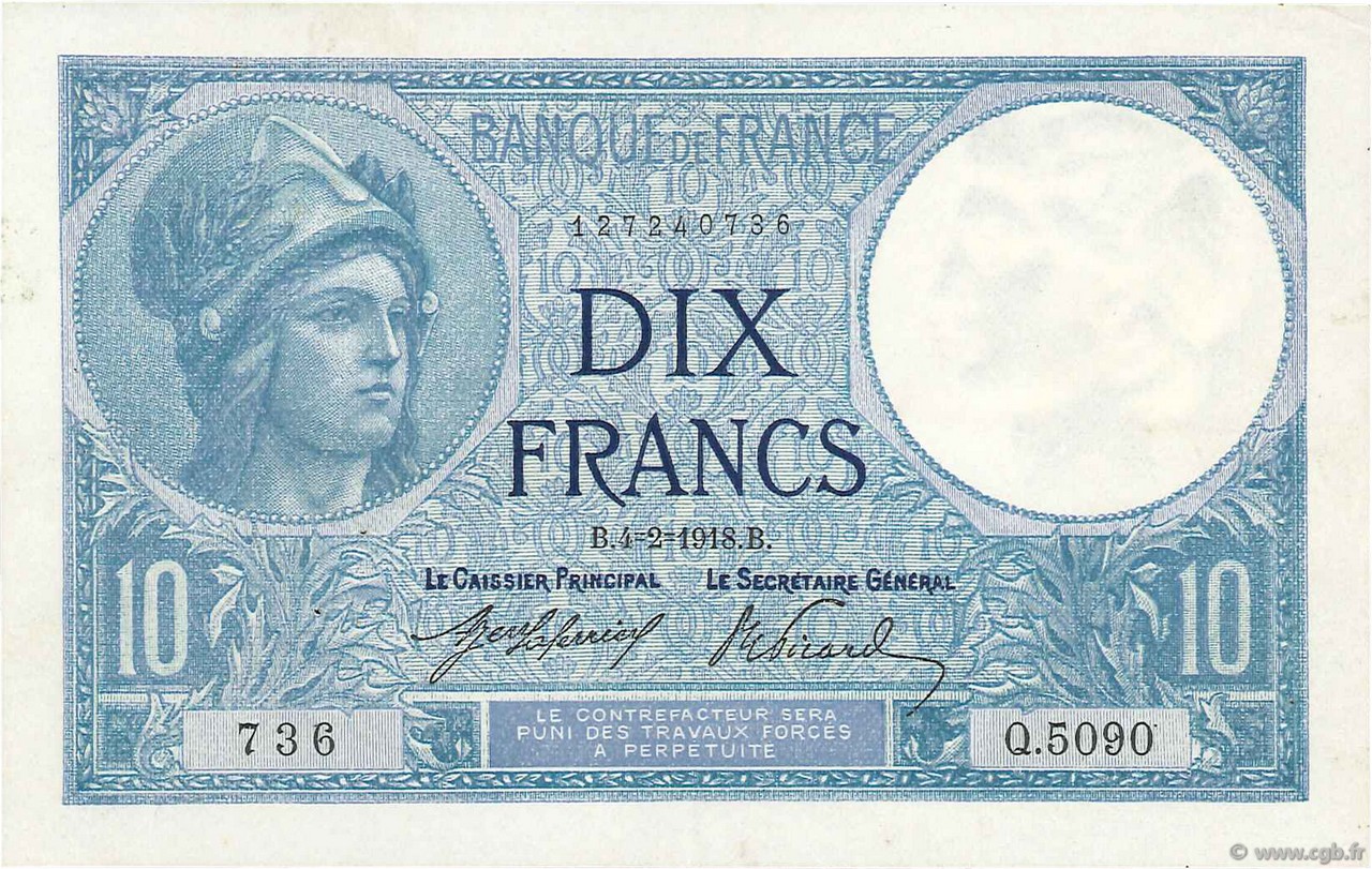 10 Francs MINERVE FRANCE  1918 F.06.03 XF