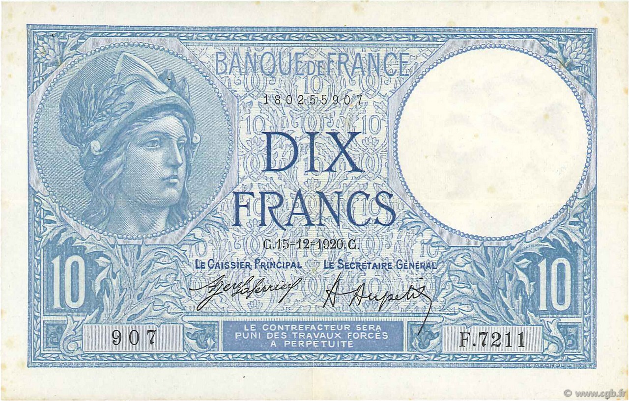 10 Francs MINERVE FRANCE  1920 F.06.04 TTB+
