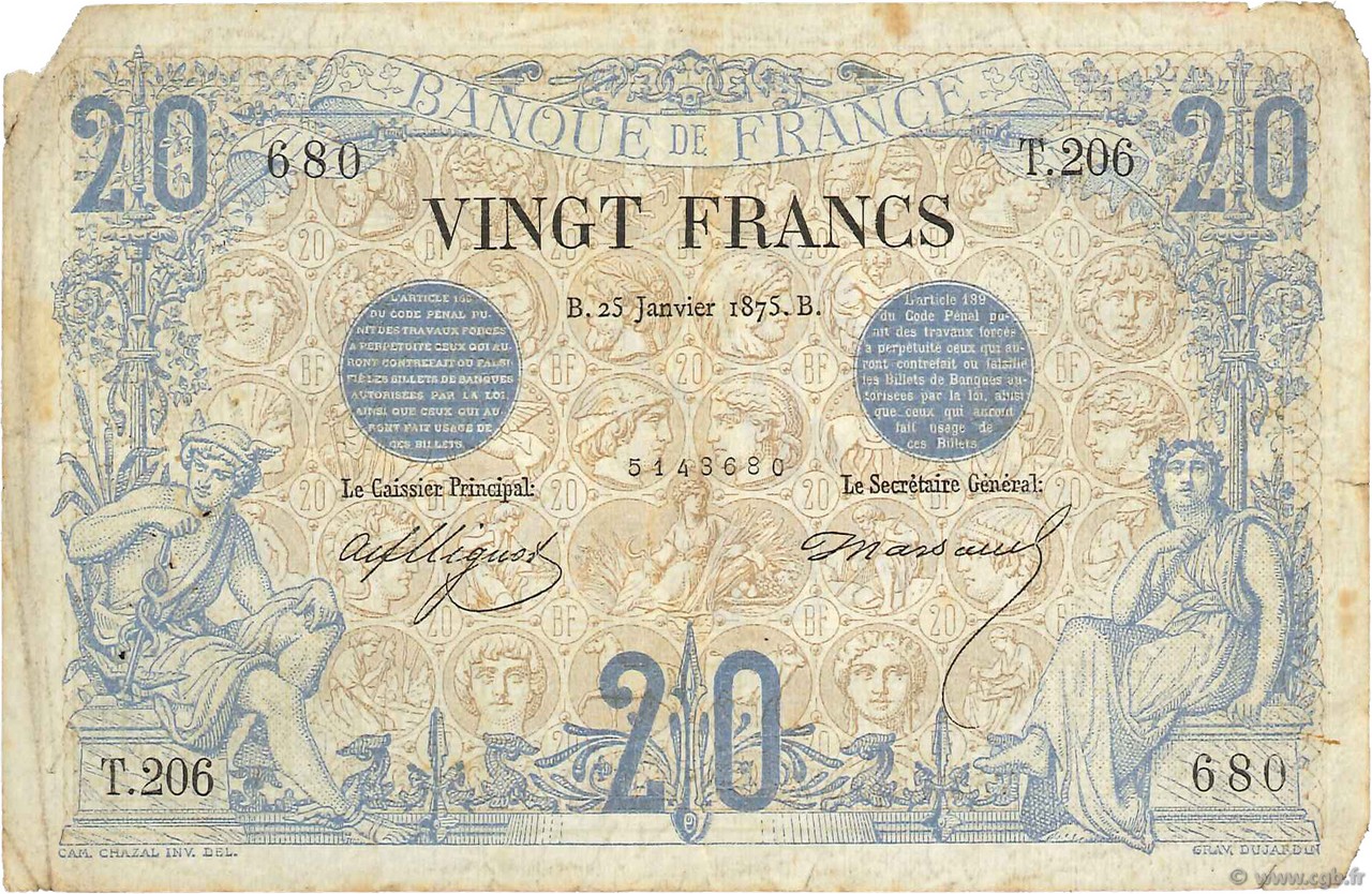 20 Francs NOIR FRANCIA  1875 F.09.02 MB