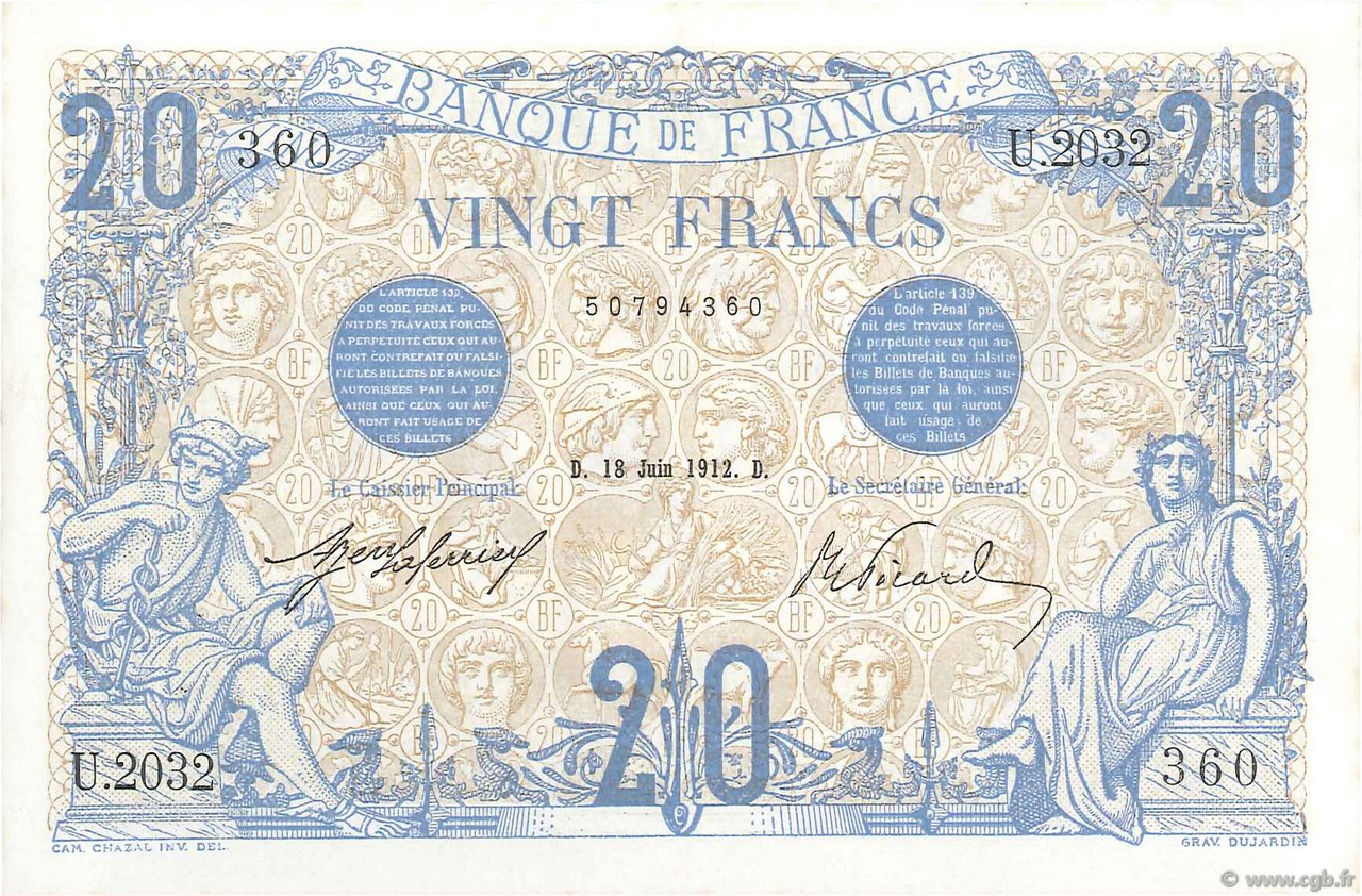 20 Francs BLEU FRANCE  1912 F.10.02 XF+