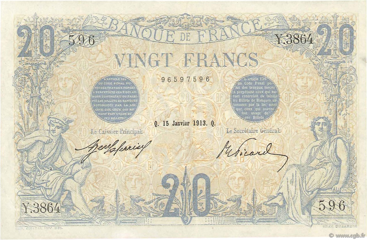 20 Francs BLEU FRANCIA  1913 F.10.03 BB
