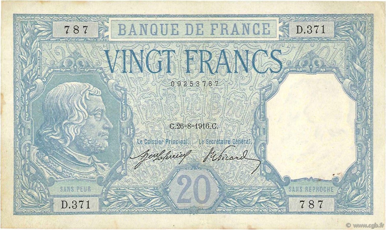 20 Francs BAYARD FRANCE  1916 F.11.01 VF-