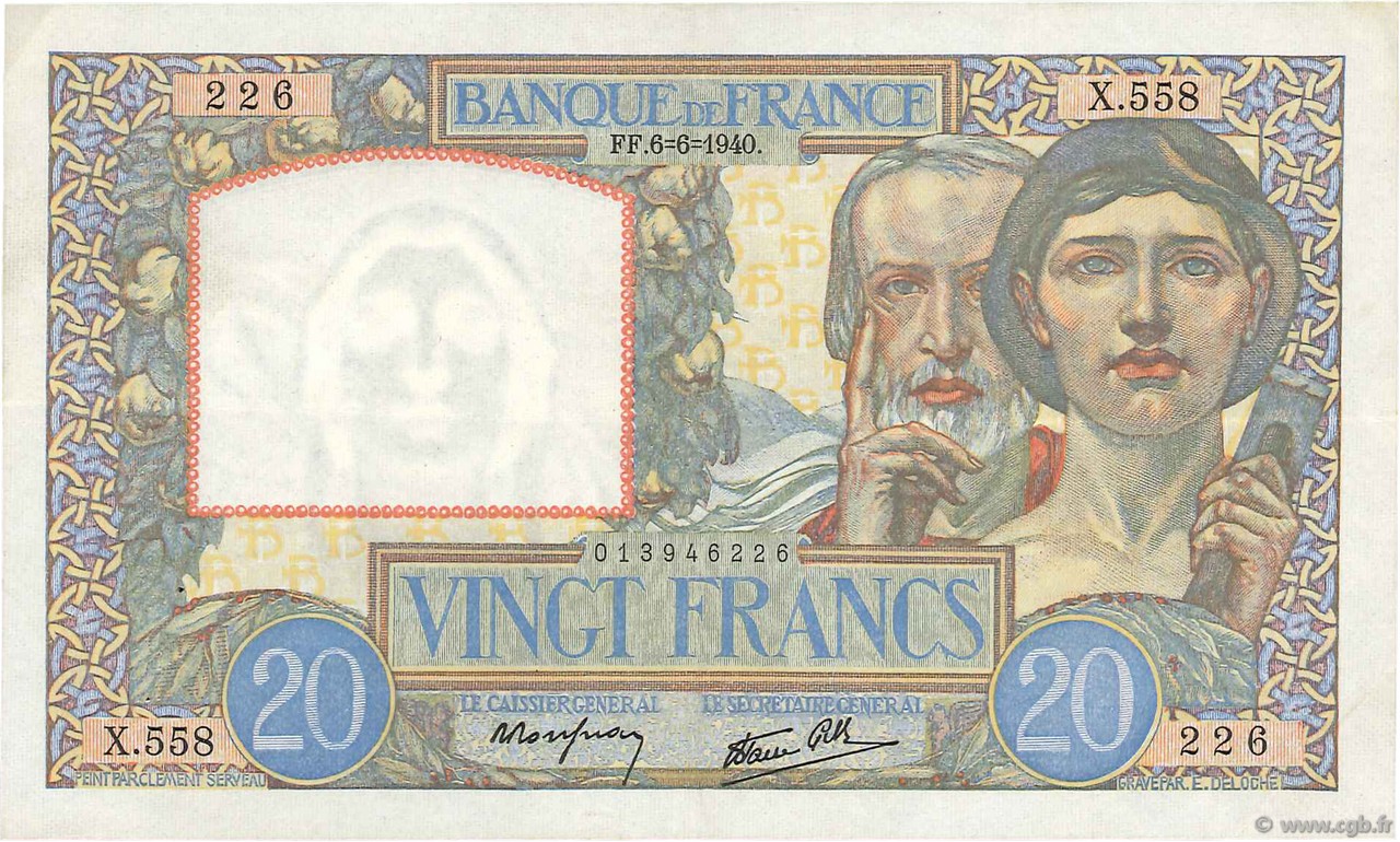 20 Francs TRAVAIL ET SCIENCE FRANCE  1940 F.12.03 XF-