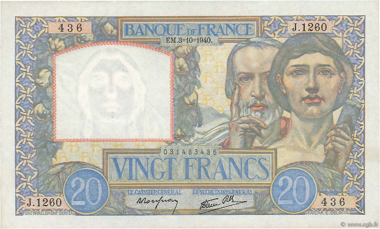 20 Francs TRAVAIL ET SCIENCE FRANKREICH  1940 F.12.08 VZ