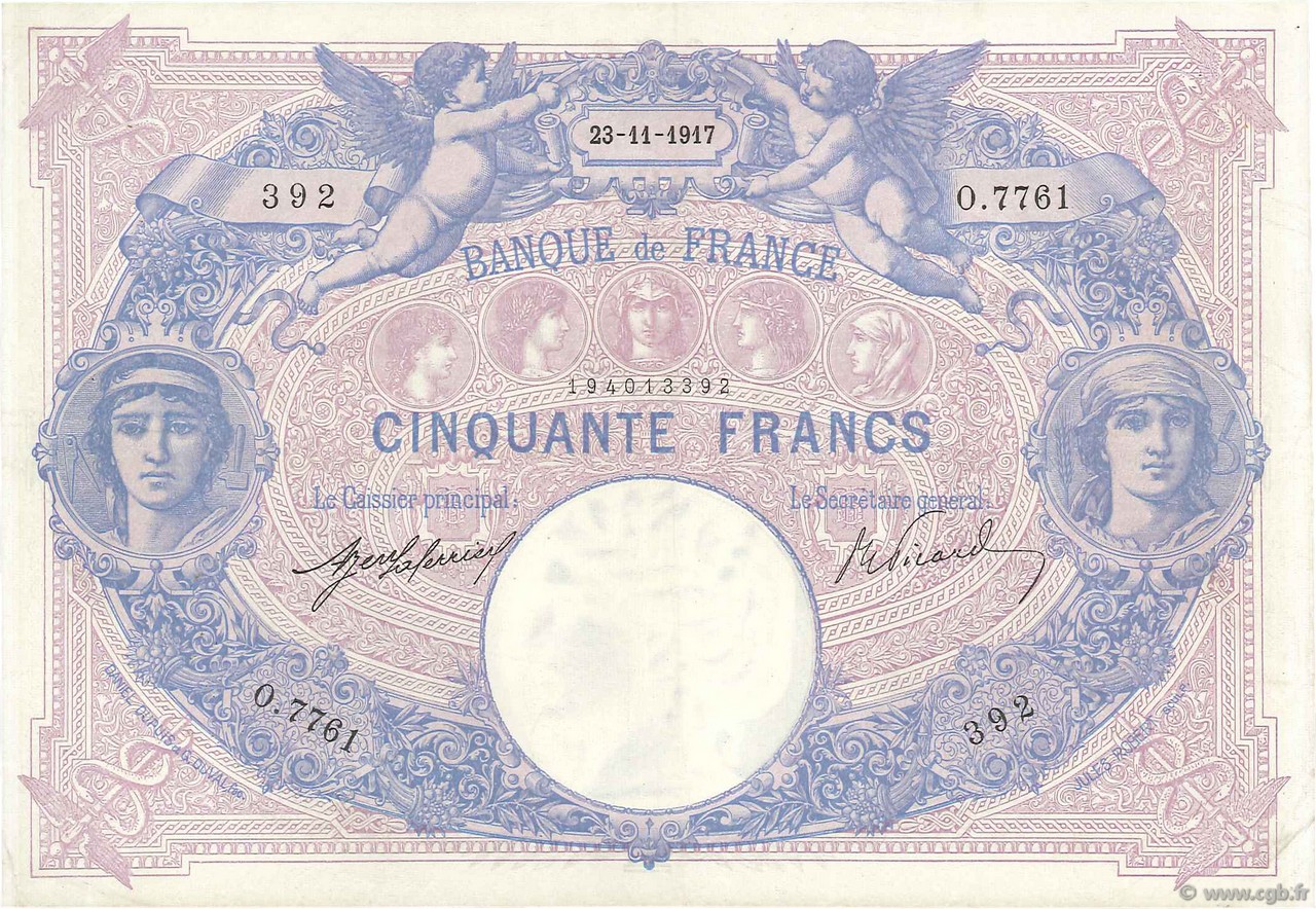 50 Francs BLEU ET ROSE FRANCIA  1917 F.14.30 BB