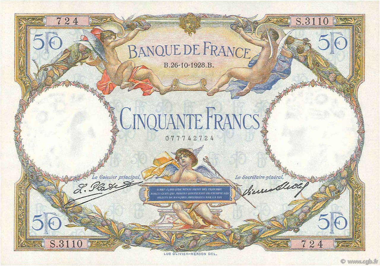 50 Francs LUC OLIVIER MERSON FRANCE  1928 F.15.02 XF+
