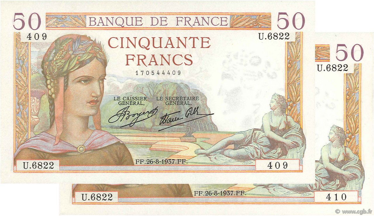 50 Francs CÉRÈS modifié FRANKREICH  1937 F.18.02 ST