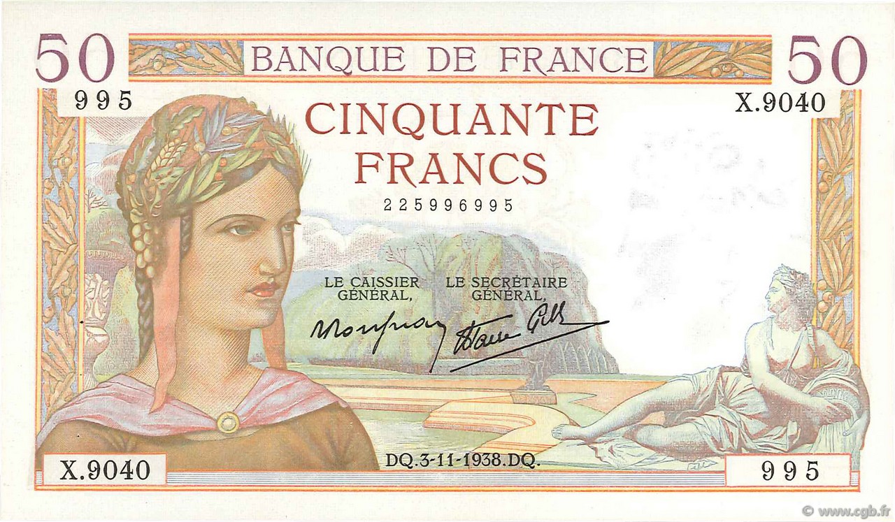 50 Francs CÉRÈS modifié FRANCE  1938 F.18.18 SPL
