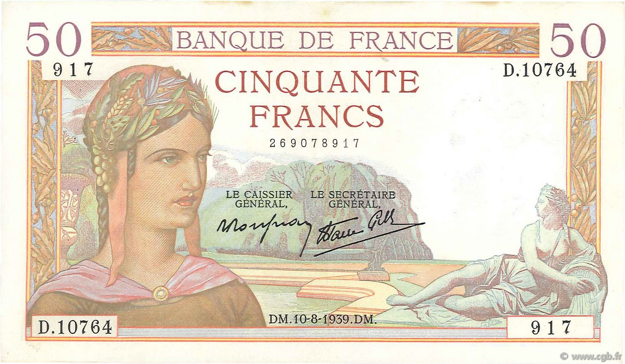 50 Francs CÉRÈS modifié FRANKREICH  1939 F.18.29 fVZ