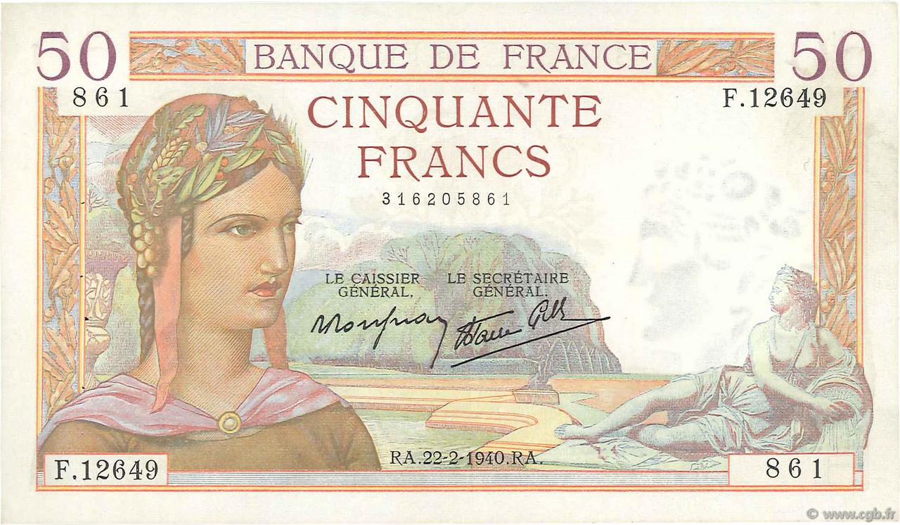 50 Francs CÉRÈS modifié FRANCE  1940 F.18.39 XF-