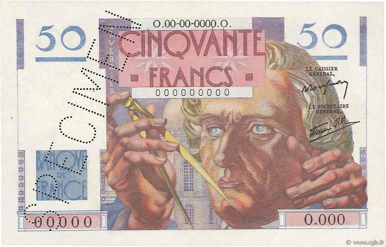 50 Francs LE VERRIER FRANCIA  1946 F.20.01Sp AU