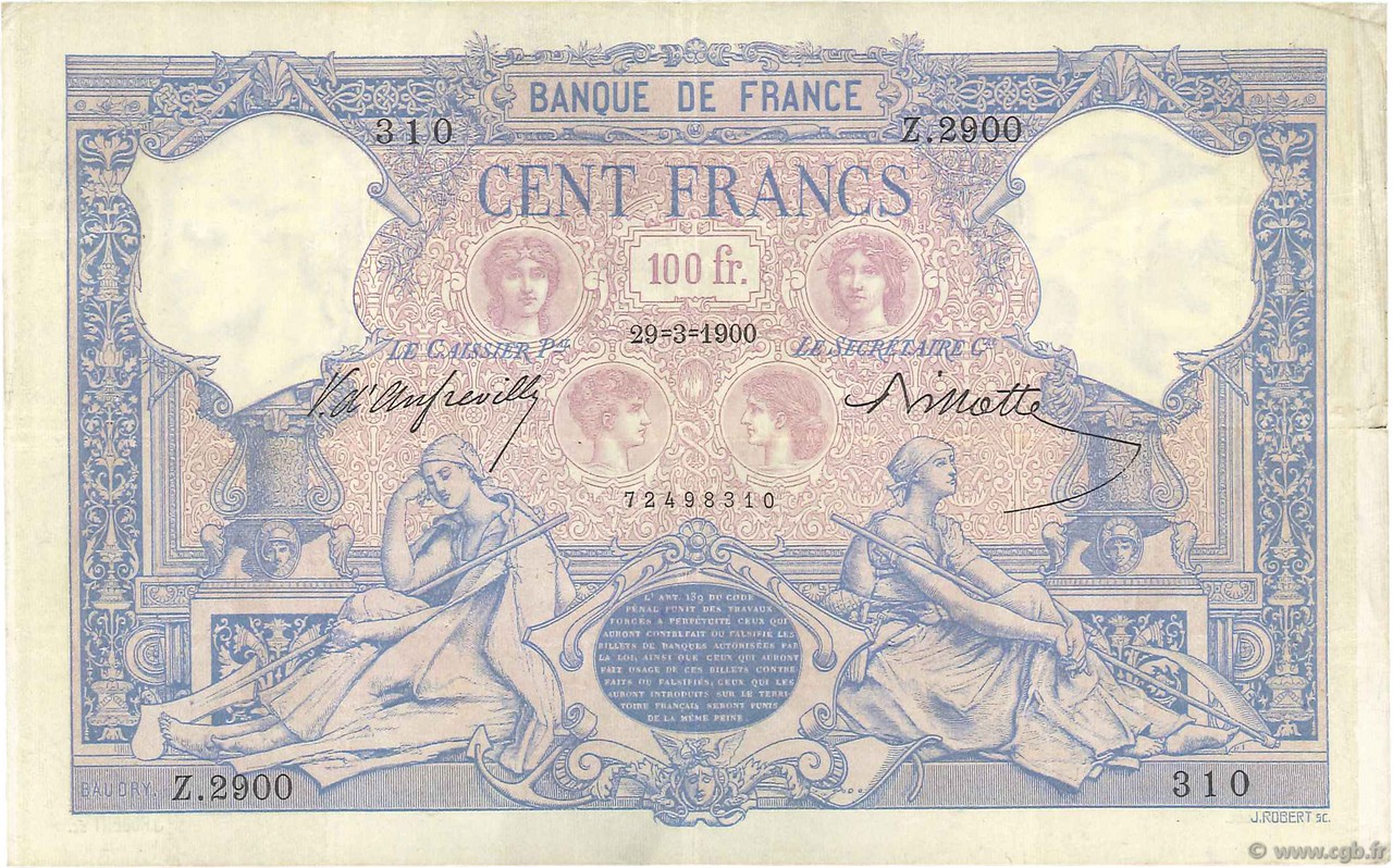 100 Francs BLEU ET ROSE FRANCE  1900 F.21.13 VF
