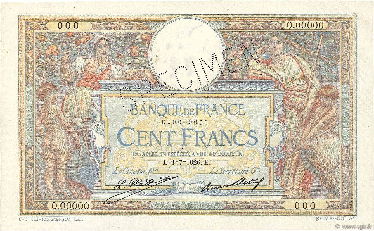 100 Francs LUC OLIVIER MERSON grands cartouches FRANKREICH  1926 F.24.05Sp fST