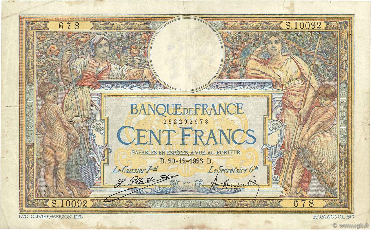 100 Francs LUC OLIVIER MERSON grands cartouches FRANCIA  1923 F.24.01 B