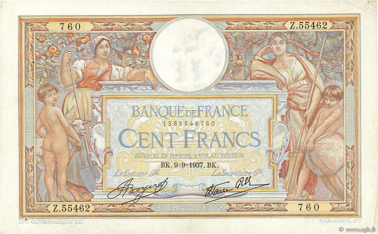 100 Francs LUC OLIVIER MERSON type modifié FRANCIA  1937 F.25.01 MBC