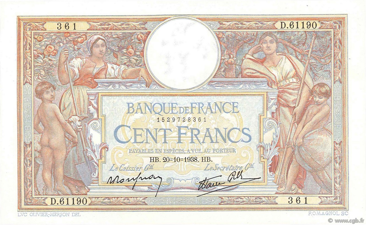 100 Francs LUC OLIVIER MERSON type modifié FRANCIA  1938 F.25.32 FDC