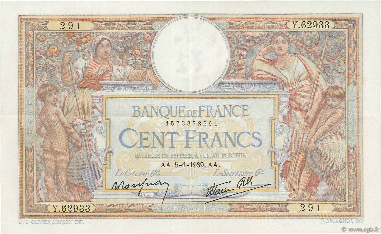 100 Francs LUC OLIVIER MERSON type modifié FRANCIA  1939 F.25.38 EBC