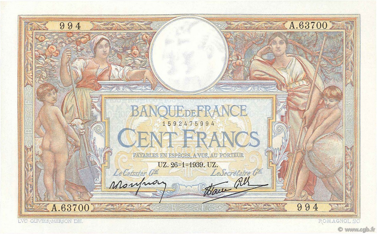 100 Francs LUC OLIVIER MERSON type modifié FRANCIA  1939 F.25.40 FDC
