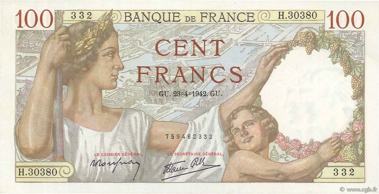 100 Francs SULLY FRANCIA  1942 F.26.70 q.FDC