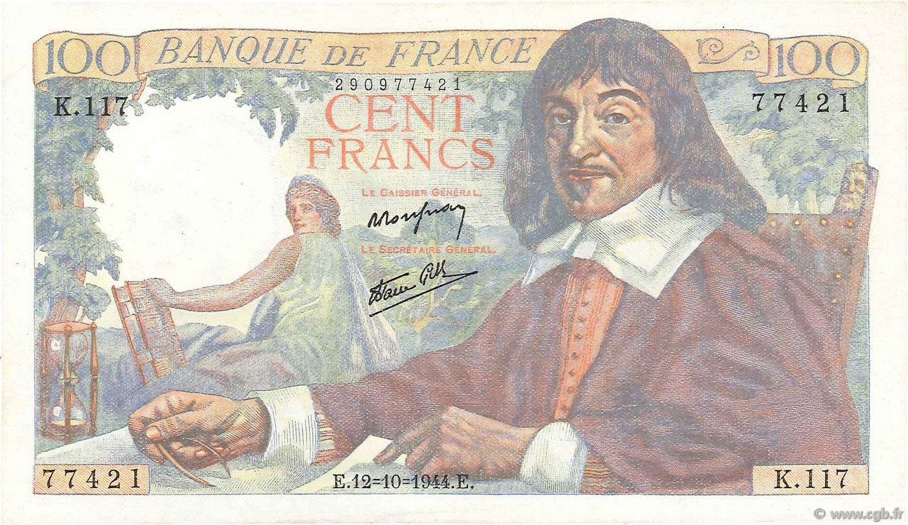 100 Francs DESCARTES FRANCIA  1944 F.27.08 AU