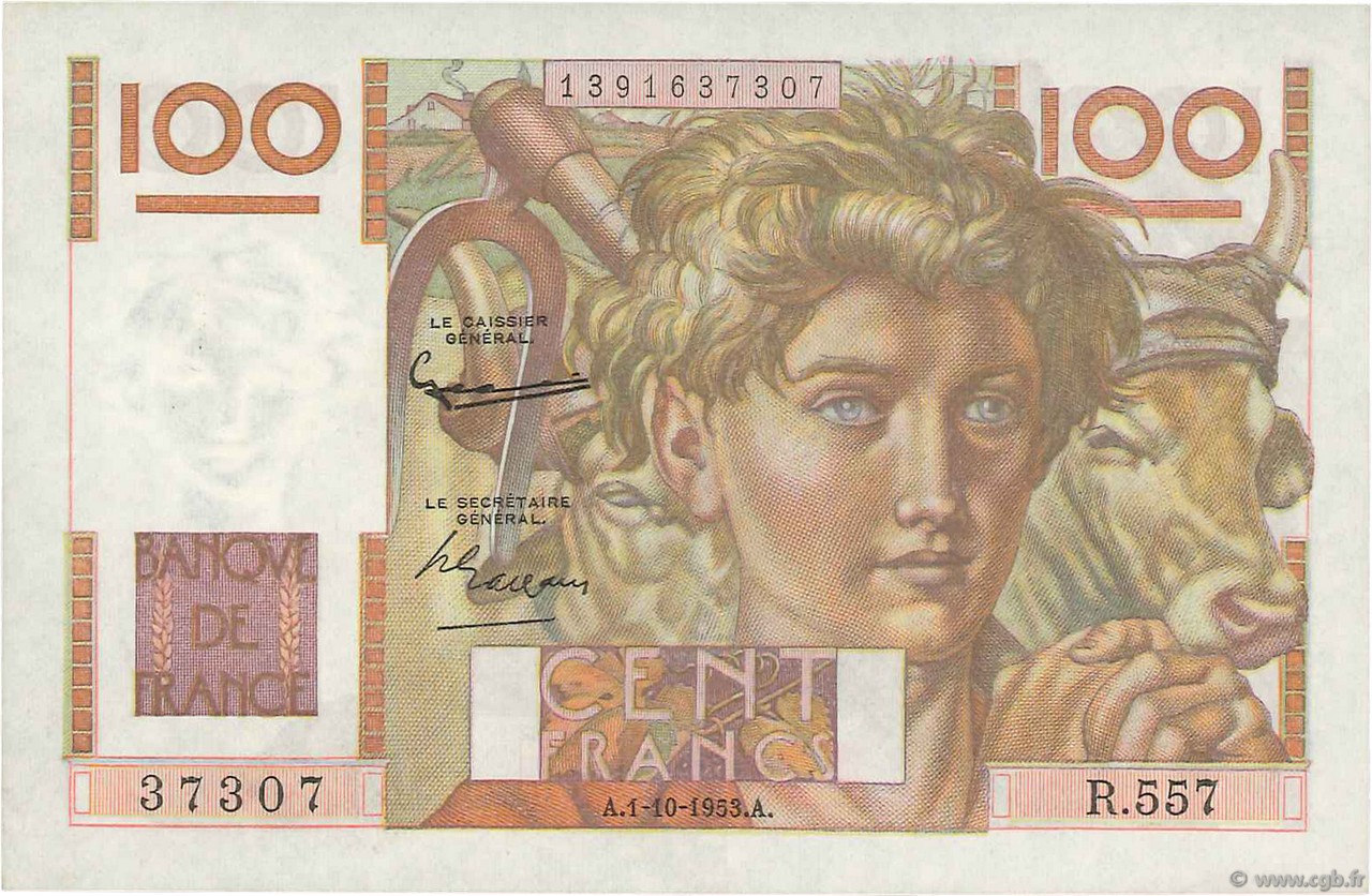 100 Francs JEUNE PAYSAN filigrane inversé FRANCIA  1953 F.28bis.03 EBC a SC