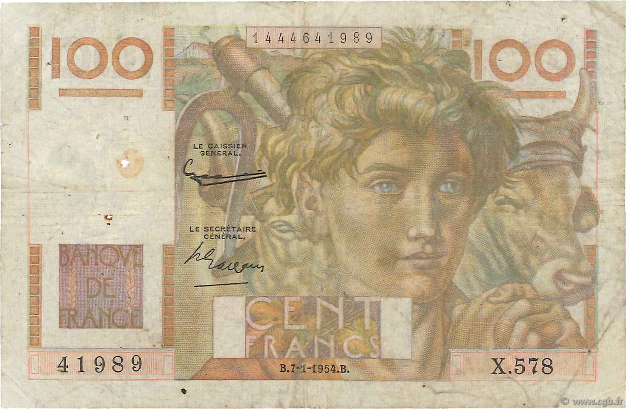 100 Francs JEUNE PAYSAN filigrane inversé FRANCE  1954 F.28bis.04 VG