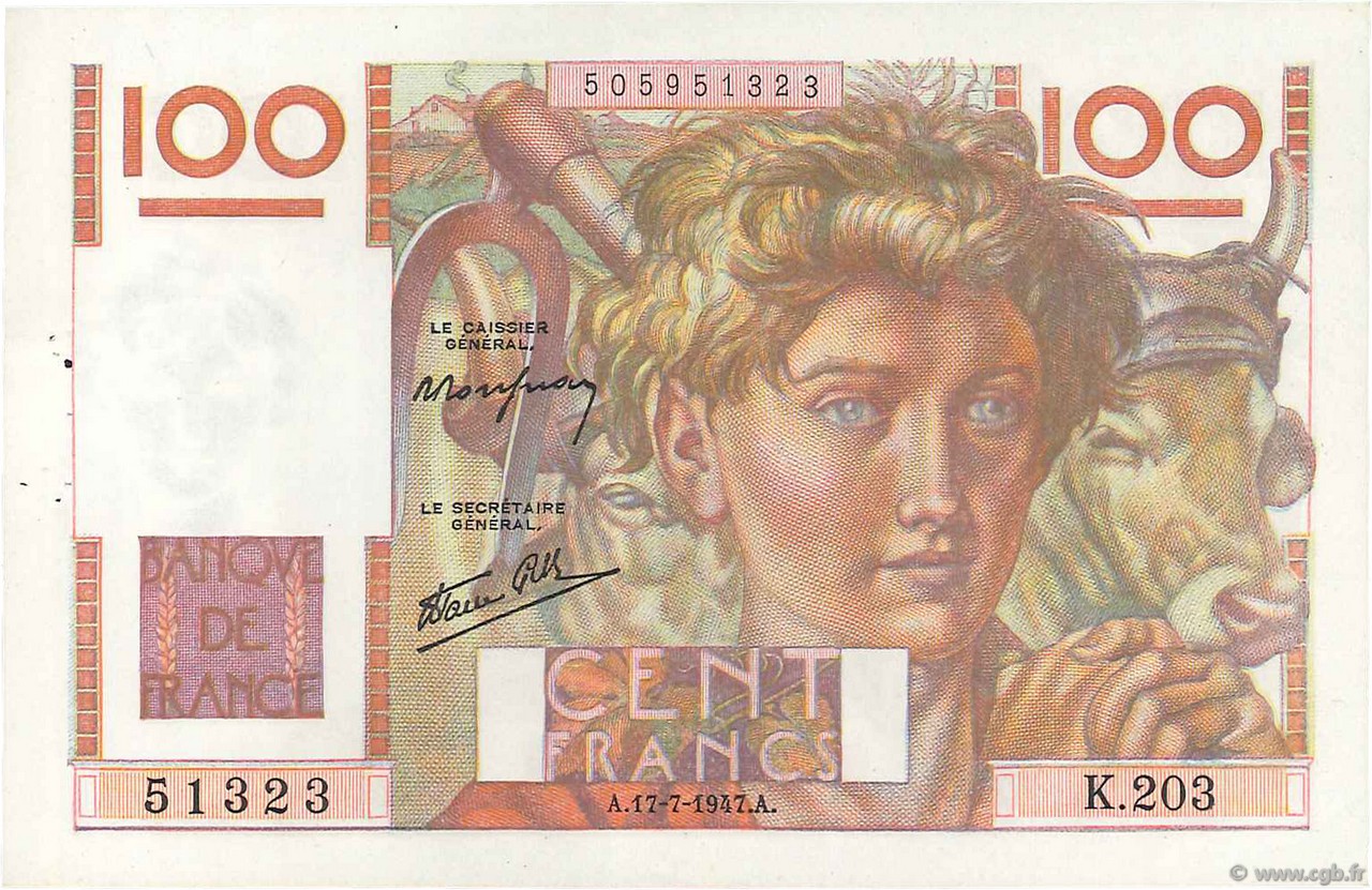 100 Francs JEUNE PAYSAN Favre-Gilly FRANCIA  1947 F.28ter.01 q.SPL