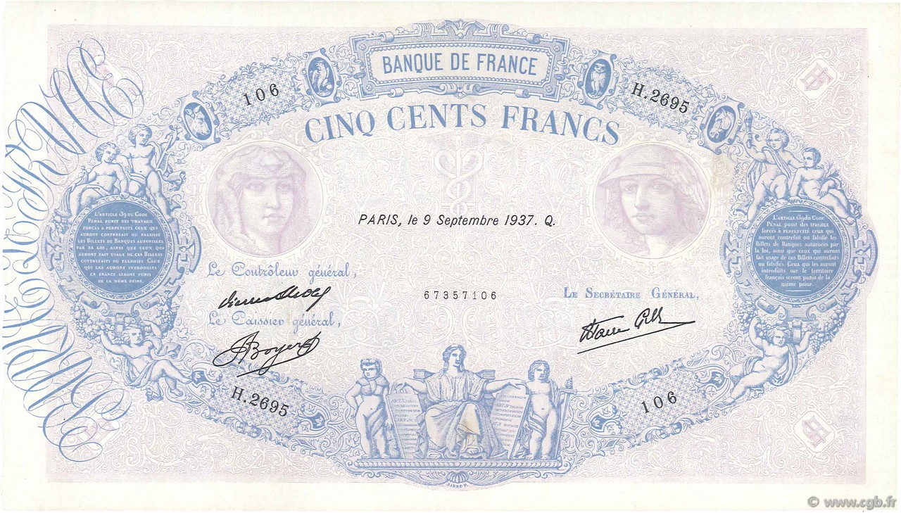 500 Francs BLEU ET ROSE modifié FRANCE  1937 F.31.03 VF+