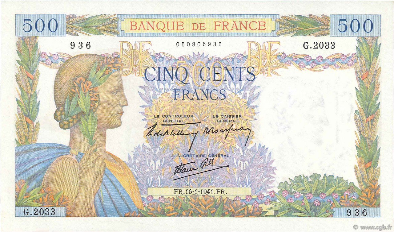 500 Francs LA PAIX FRANCIA  1941 F.32.13 AU+