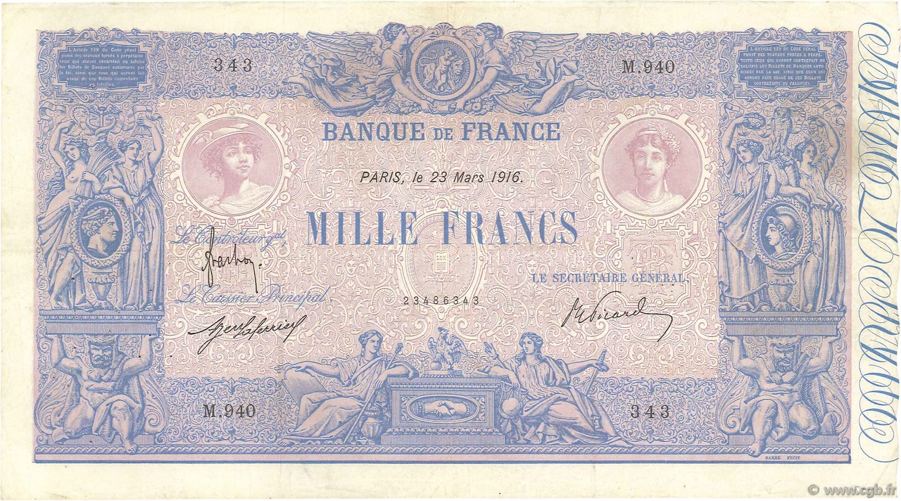 1000 Francs BLEU ET ROSE FRANCIA  1916 F.36.30 BB