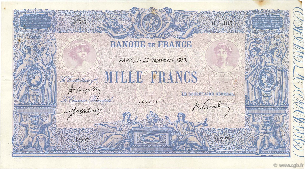 1000 Francs BLEU ET ROSE FRANCE  1919 F.36.34 VF+