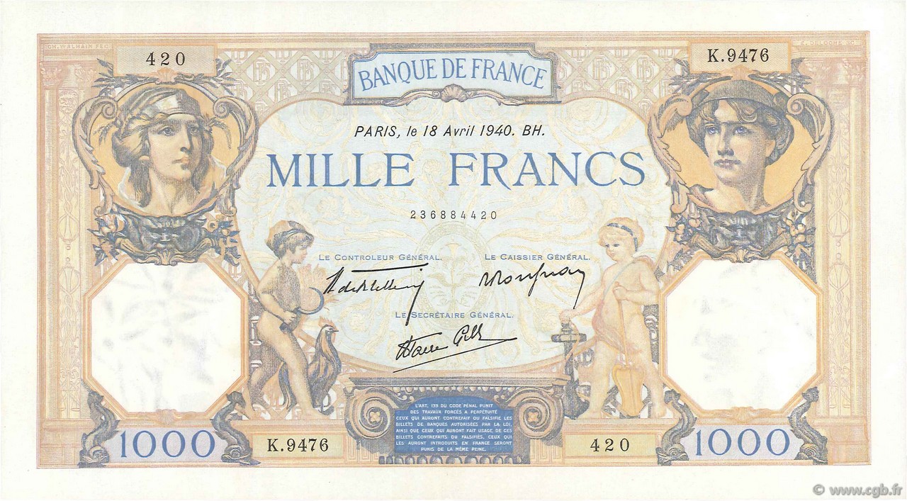 1000 Francs CÉRÈS ET MERCURE type modifié FRANKREICH  1940 F.38.46 fST+