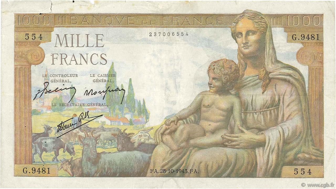1000 Francs DÉESSE DÉMÉTER FRANCE  1943 F.40.38 F+