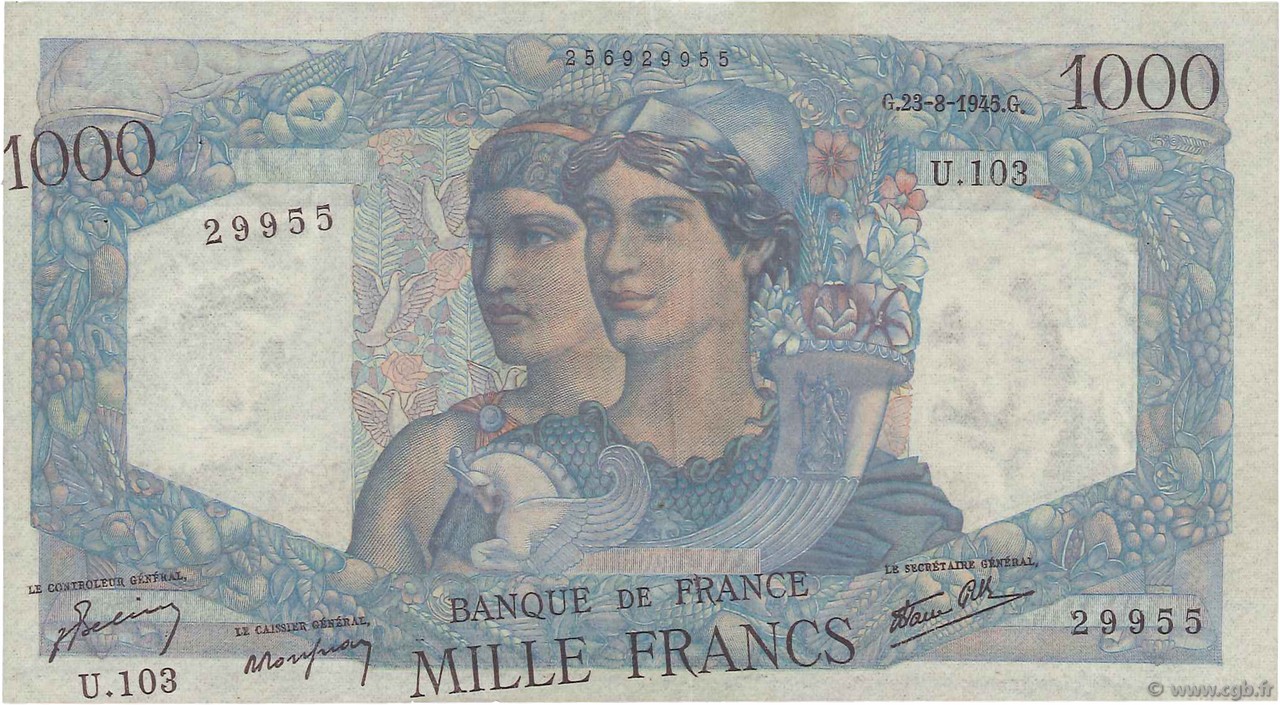 1000 Francs MINERVE ET HERCULE FRANCE  1945 F.41.07 SUP