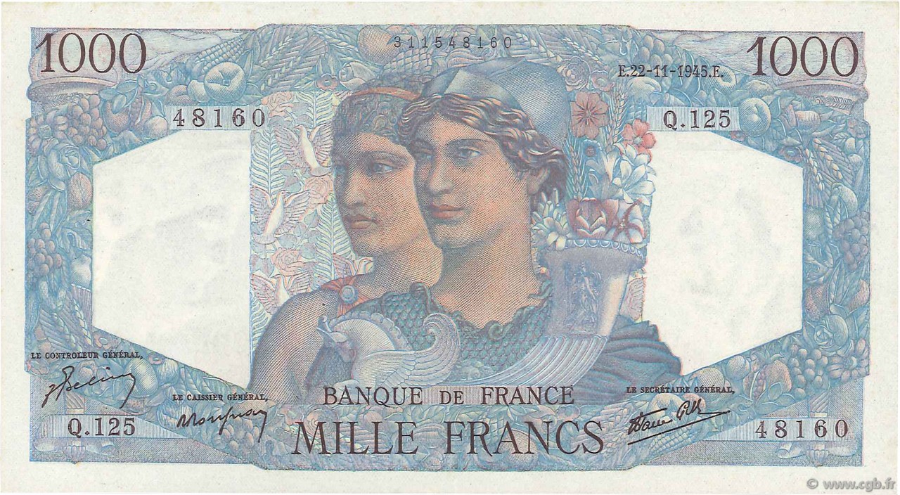 1000 Francs MINERVE ET HERCULE FRANCE  1945 F.41.08 XF+